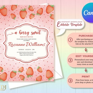 Editable Strawberry Baby Shower Invitation A Berry Sweet Baby Shower Invite Template Red Theme Strawberry Baby Shower Instant Download