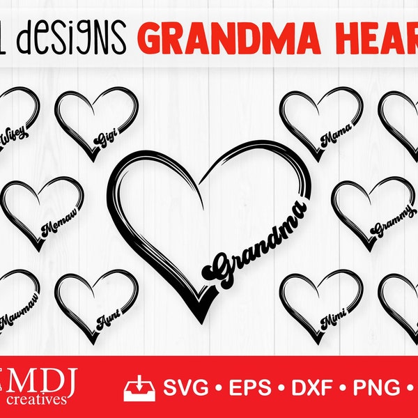 Grandma Heart SVG Bundle, Mothers Day svg, Memaw Nonnie Aunt Wifey Mama Gigi Mimi Mini Grammy Mawmaw, Svg Cut File Design, svg, dxf, eps