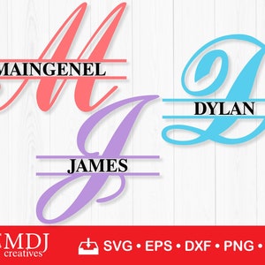 May include: Three colorful monogram designs. The first is a coral letter "M" with the name "MAINGENEL" in black. The second is a light blue letter "D" with the name "DYLAN" in black. The third is a lavender letter "J" with the name "JAMES" in black.