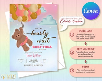 Teddy Bear Baby Shower Invitation: Pink Balloons, Editable Template (Digital Download)