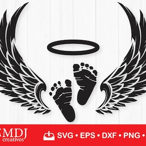 Baby Verlust Gedenkstätte Kopfschmuck, Baby Fußabdrücke, Engel Flügel, Heiligenschein, Vektor Schnitt Datei für Cricut, Silhouette, Sofort Download, svg, dxf, eps, png