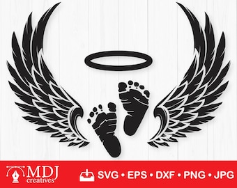 May include: Black and white silhouette of a pair of baby footprints with angel wings and a halo above them.