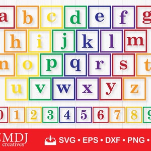 Puede incluir: Un conjunto de bloques de alfabeto coloridos con letras de la a a la z y números del 0 al 9. Los bloques están dispuestos en un patrón de arcoíris, con bloques rojo, naranja, amarillo, verde, azul, índigo y violeta.