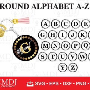 May include: A set of 26 round alphabet letter SVG cut files. Each letter is surrounded by a circle of small dots. The letters are black and the dots are white. The letters are in uppercase.