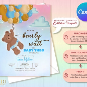 Editable Teddy Bear Blue Balloon Baby Shower Invitation Bearly Wait Baby Boy Invite Template Blue Theme Bear Baby Shower Instant Download