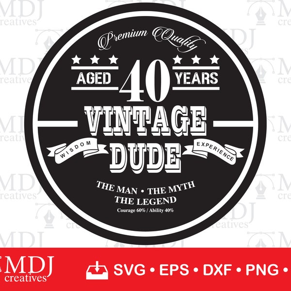 40th Vintage Dude SVG, 40th Cut File svg, 40th Birthday svg, Aged 40 Years svg, Instant Download, Printable File, svg, eps, dxf, png, jpg