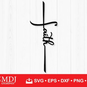 May include: A black and white silhouette of a cross with the word "faith" written inside the cross.