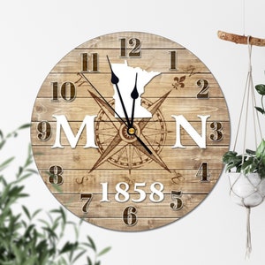 12" or 15" MINNESOTA CLOCK ESTABLISHED 1858, Personalized Silent Non-ticking Wooden Wall Clocks For Wall, Modern Rustic Home Decor Wall Art