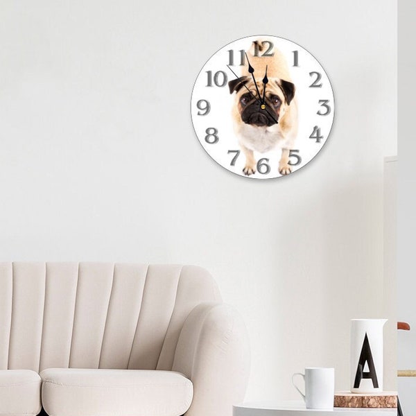 10.5" Pug Dog Puppy Clocks Custom Round Non-ticking MDF Numberless Wall Clock