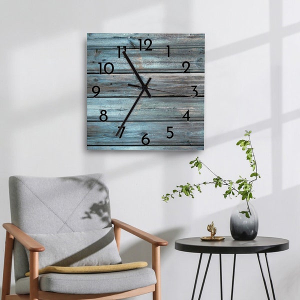 Distressed Teal Wooden Wall Clocks Silent 11" 12" 15" Custom Square Silent Wood Wall Clock