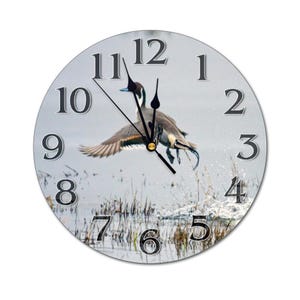 May include: A round clock with a white face and black numbers. The clock features a picture of a duck flying over a body of water with reeds.