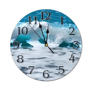 May include: A round clock with a blue and white ocean wave design. The clock face has black numbers and hands. The numbers are 1 through 12.