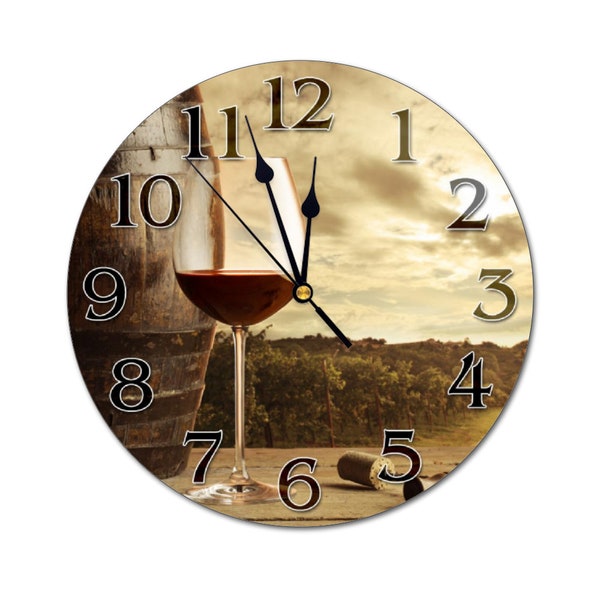 10.5" Wine Glass and Wine Barrel Clocks, Wine Lovers, Custom Round Non-ticking MDF Numberless Wall Clock