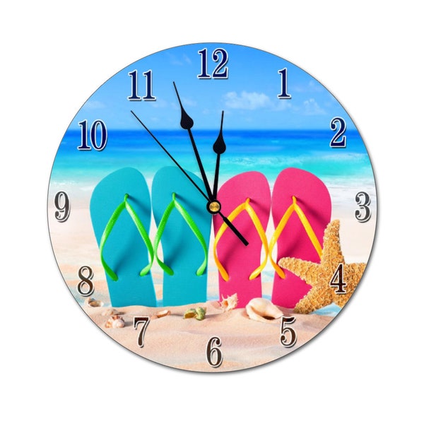 10.5" Beach Flip Flops Personalized Gift For Her Sandals Sand Decor Custom Round Non-ticking MDF Numberless Wall Clock