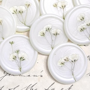 Handmade Floral Peel & Stick Wax Seals: White Baby's Breath Wedding Invitation Seals