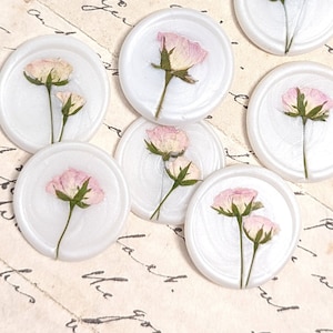 Handmade Floral Peel & Stick Wax Seals: Pink Cream Roses, Wedding Invitation Seals (Set of 12)