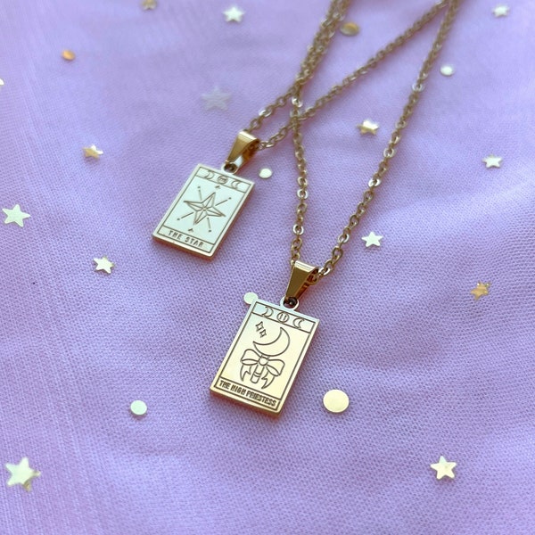 The High Priestess The Star Reversible Tarot Card Necklace | Moonlight Crystal | Gold Stainless Steel