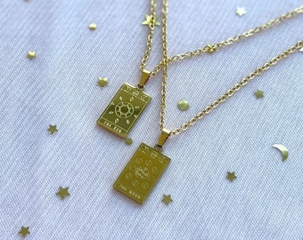 The Sun & The Moon Reversible Tarot Card Necklace | Moonlight Crystal | Stainless Steel | Minimalist Gold Necklace