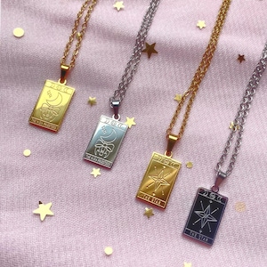 The High Priestess The Star Reversible Tarot Card Necklace | Moonlight Crystal | Stainless Steel