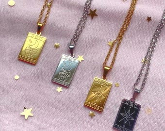 The High Priestess The Star Reversible Tarot Card Necklace | Moonlight Crystal | Stainless Steel