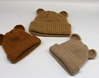 Hand made knitted teddy bear beanie hat/ teddy bear hat/ newborn hat/ childrens beanie hat/ hospital hat/ new baby gift/ winter beanie/ rib
