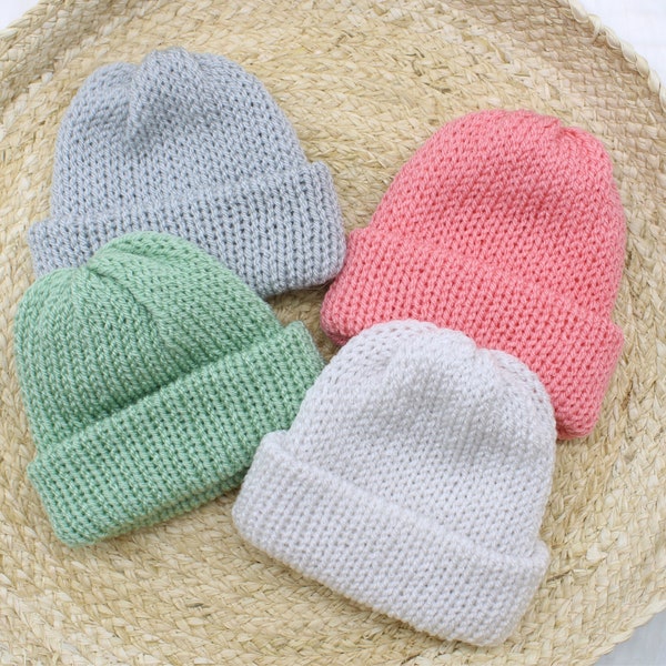 Hand made knit baby hat/ Danish pastel  rib hat  beanie /new-born baby hat/ reversible beanie/double layer hat/baby shower gift/ neutral