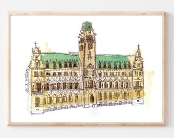 HAMBURG TOWNHALL PAINTING Giclee Fine Art Print - Art, Drawing, Mixed Media painting - contemporary affordable art for the home