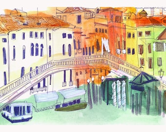 VENICE BRIDGE Original PAINTING - Art, Drawing, Sketch, Mixed Media painting – Venezia,  - contemporary affordable art for the home