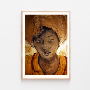 PORTRAIT GIRL en or PEINTURE Giclee Fine Art Print, Dessin, Techniques Mixtes, Fusain, Turban