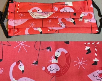 Red Festive Winter Flamingos, Christmas Santas and Reindeers Soft Cotton Face Mask Covering