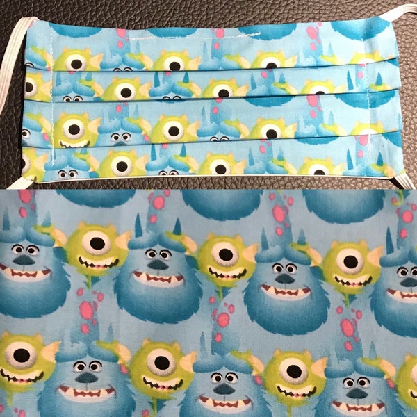 Face Mask Made with Licensed Disney Pixar Monsters Inc Mike and Sully Fabric, Soft Cotton Face Mask Covering