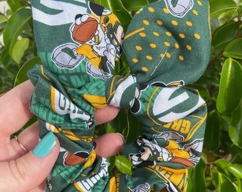 Packers Scrunchie Hair Tie with Bow Made with Licensed NFL Disney Green Bay Packers Mickey Mouse Fabric, Soft Cotton