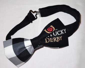 Adjustable Pre-Tied Derby Day Black and White Plaid Bow Tie Made with Licensed Kentucky Derby Fabric, Soft Cotton