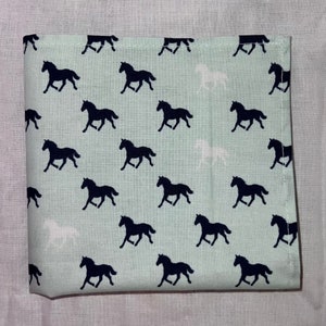 Mint with Navy and White Derby Day Horses Pocket Square Made with Licensed Kentucky Derby Fabric, Soft Cotton