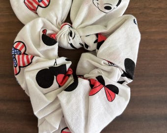 Scrunchie Made with Licensed Mickey and Minnie Mouse Patriotic Fabric, Red White and Blue Scrunchie