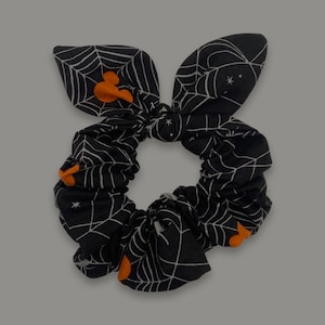 Disney Scrunchie Made with Licensed Disney Mickey Mouse Halloween Pumpkins and Spiderwebs Fabric