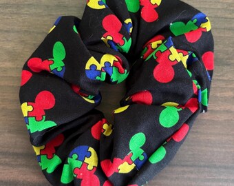 Theme Park Mouse Autism Awareness, Puzzle Pieces Scrunchie