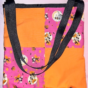 Pink and Orange Boo Bag Made with Licensed Disney Mickey and Minnie Halloween Witch Patchwork Fabric Trick or Treat Tote Bag