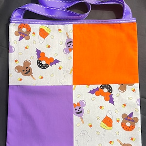 Boo Bag Made with Licensed Disney Halloween Mouse Heads and Theme Park Snacks Patchwork Fabric Trick or Treat Tote Bag