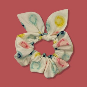 Pink, Teal and Yellow Horseshoe Polka Dots Derby Day Scrunchie Made with Licensed Kentucky Derby Fabric, Derby Day Themed Scrunchie
