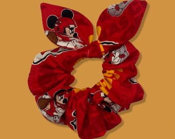 Chiefs Scrunchie Hair Tie with Bow Made with Licensed NFL Disney Kansas City Chiefs Mickey Mouse Fabric, Soft Cotton