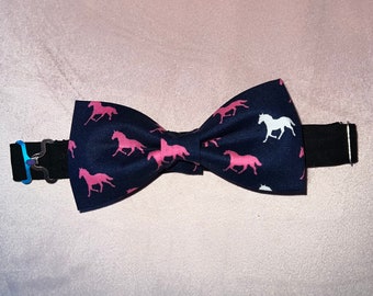 Adjustable Pre-Tied Derby Day Navy with Pink Horses Bow Tie Made with Licensed Kentucky Derby Fabric, Soft Cotton