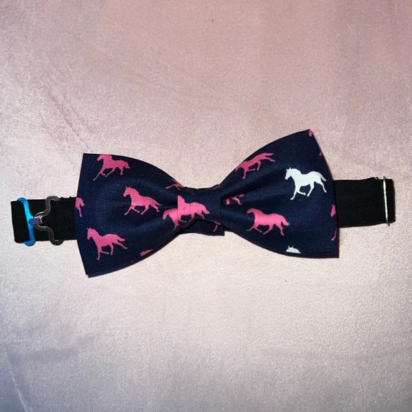 Adjustable Pre-Tied Derby Day Navy with Pink Horses Bow Tie Made with Licensed Kentucky Derby Fabric, Soft Cotton