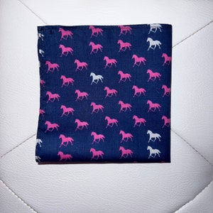 Navy with Pink and White Derby Day Horses Pocket Square Made with Licensed Kentucky Derby Fabric, Soft Cotton