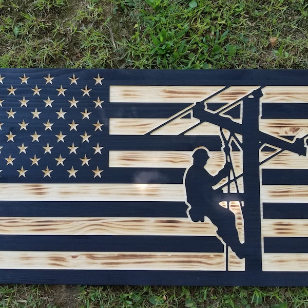 Engraved Lineman Flag | Engraved | Patriotic Sign | Custom Wood | Personalized | Retirement Gift | Christmas Gift | Father's Day | Handmade