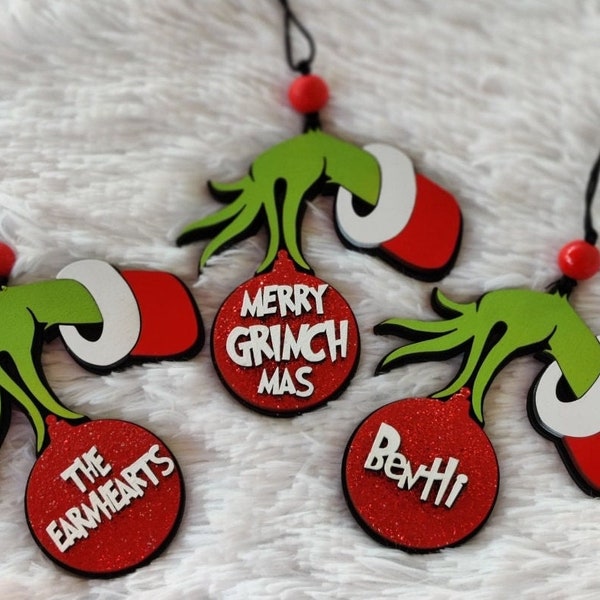 Grinch Hand Inspired Ornament | Personalized | Christmas | Decoration | Custom | Tree | Stocking Tag | Santa | Family | Gift | Present