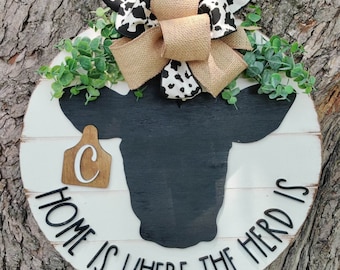 Cow Head Home Is Where The Herd Is | Personalized Door Sign | Front Door | Housewarming | Gift | Rustic | Welcome | Christmas | 3D |Shiplap