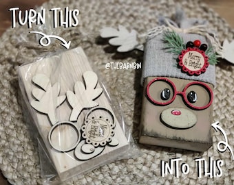 Laser Cut Reindeer Wood Block Craft Blanks | DIY Christmas Paint Kit | Wood Winter Decor | Unfinished Snowman Faces | 2x4 | Paint Party