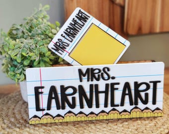 Personalized Teacher Desk Organizer Set | Notebook Style Pencil Box, Sticky Note Holder