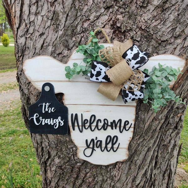 Cow Head | Personalized Door Sign | Farm Hanger | Housewarming | Gift | Country Decoration | Rustic | Welcome | Mothers Day | 3D | Custom